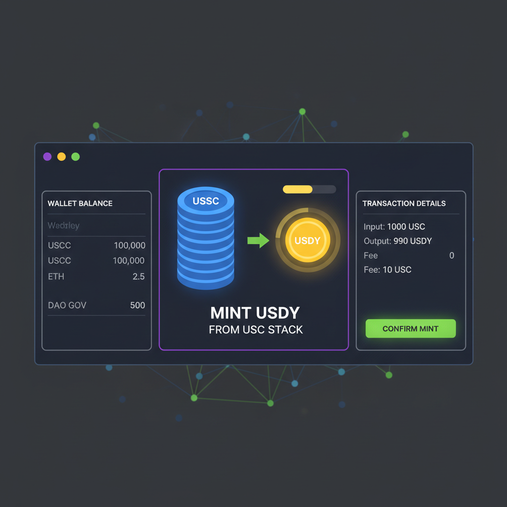 DAO wallet interface minting glowing USDY tokens from USDC stack, high-tech DeFi dashboard