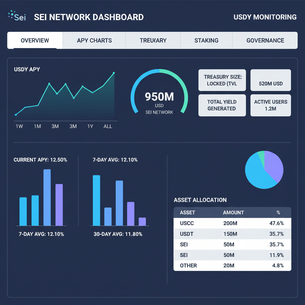 professional dashboard monitoring USDY APY charts and treasury metrics on Sei network