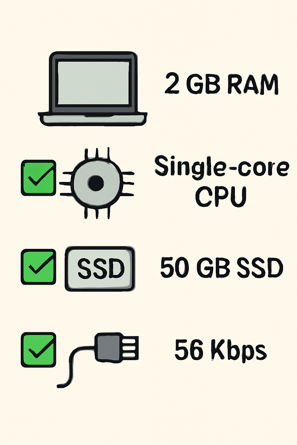 A checklist showing a laptop with 2GB RAM, single core CPU, 50GB SSD, and a network cable indicating 56 Kbps bandwidth.