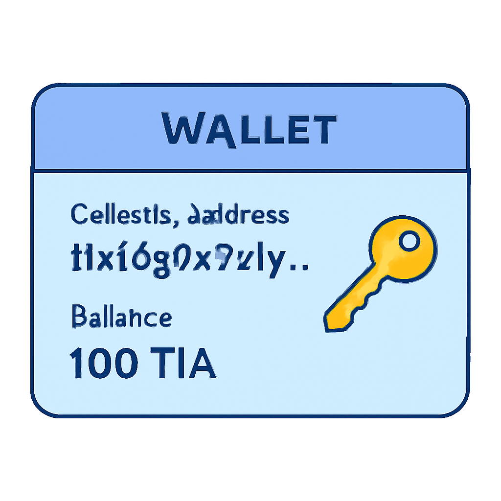 A wallet interface displaying a Celestia address and token balance, with a key icon.