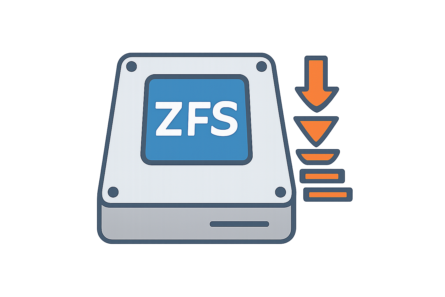 A hard drive with a ZFS logo and compression arrows indicating space saving.