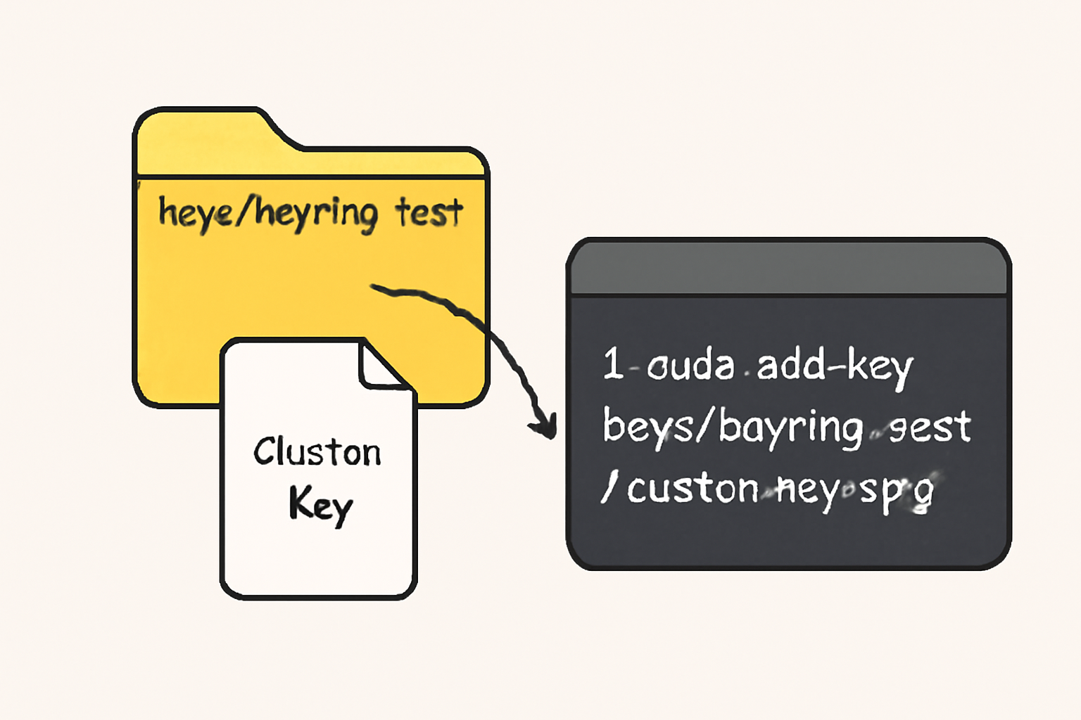 A folder named 'keys/keyring-test' with a custom key file being added, and a terminal referencing the custom key.
