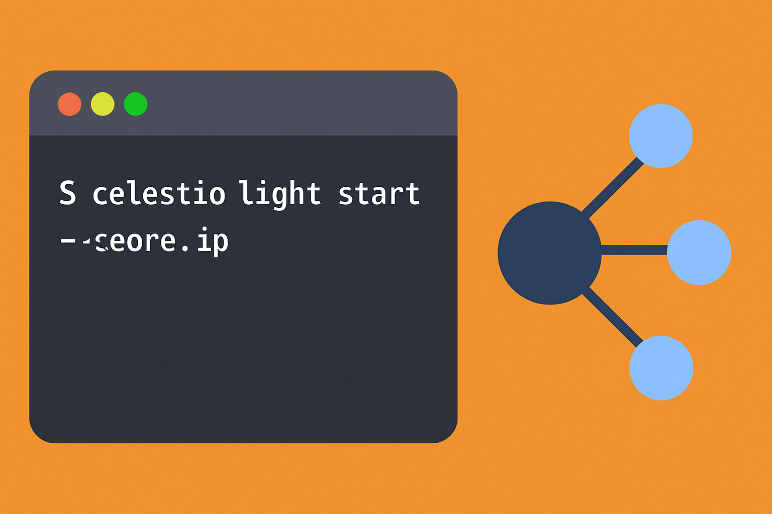 A terminal showing the command to start the Celestia light node, with network connections visualized.