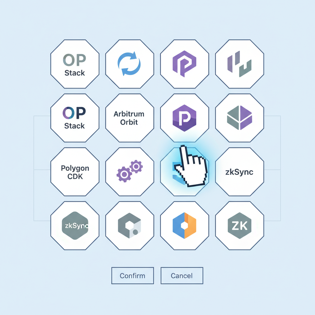 selection interface with blockchain stack icons OP Stack Arbitrum Orbit Polygon CDK zkSync, developer choosing