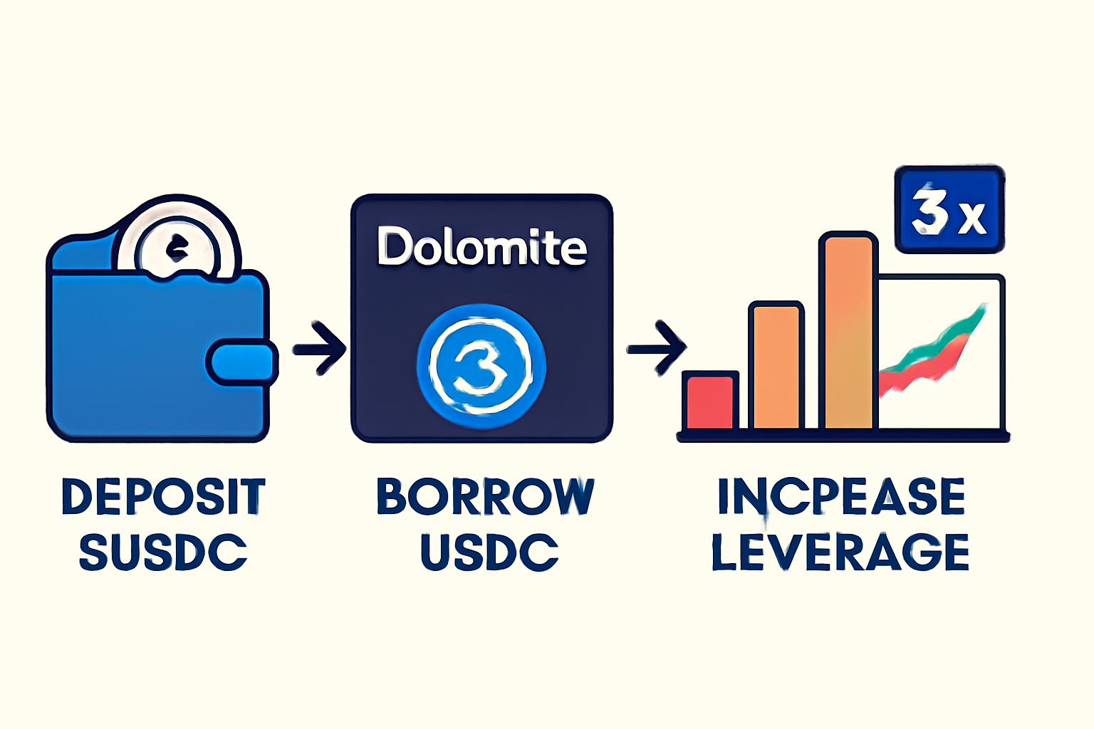 borrowing USDC against sUSDC collateral on Dolomite, leverage bars increasing to 3x, vibrant charts