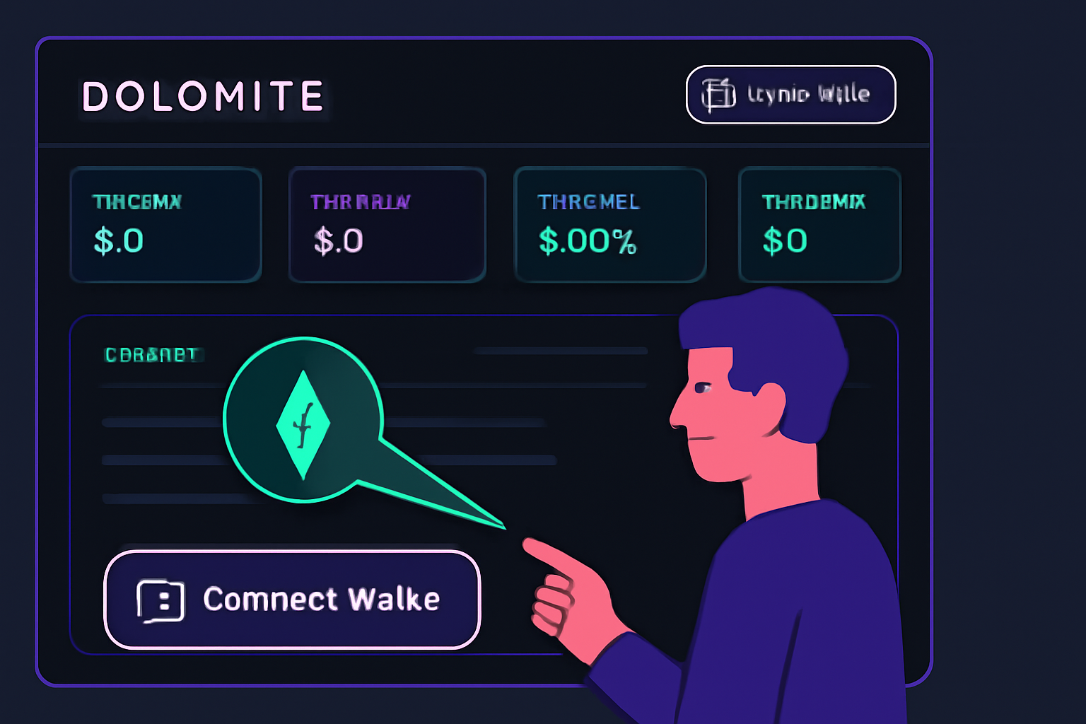 user connecting wallet to Dolomite DeFi dashboard on Arbitrum, neon UI, futuristic crypto interface