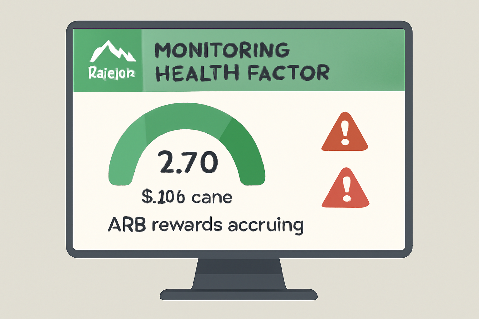 monitoring health factor dashboard on Dolomite, green safe zone, ARB rewards accruing, alert icons