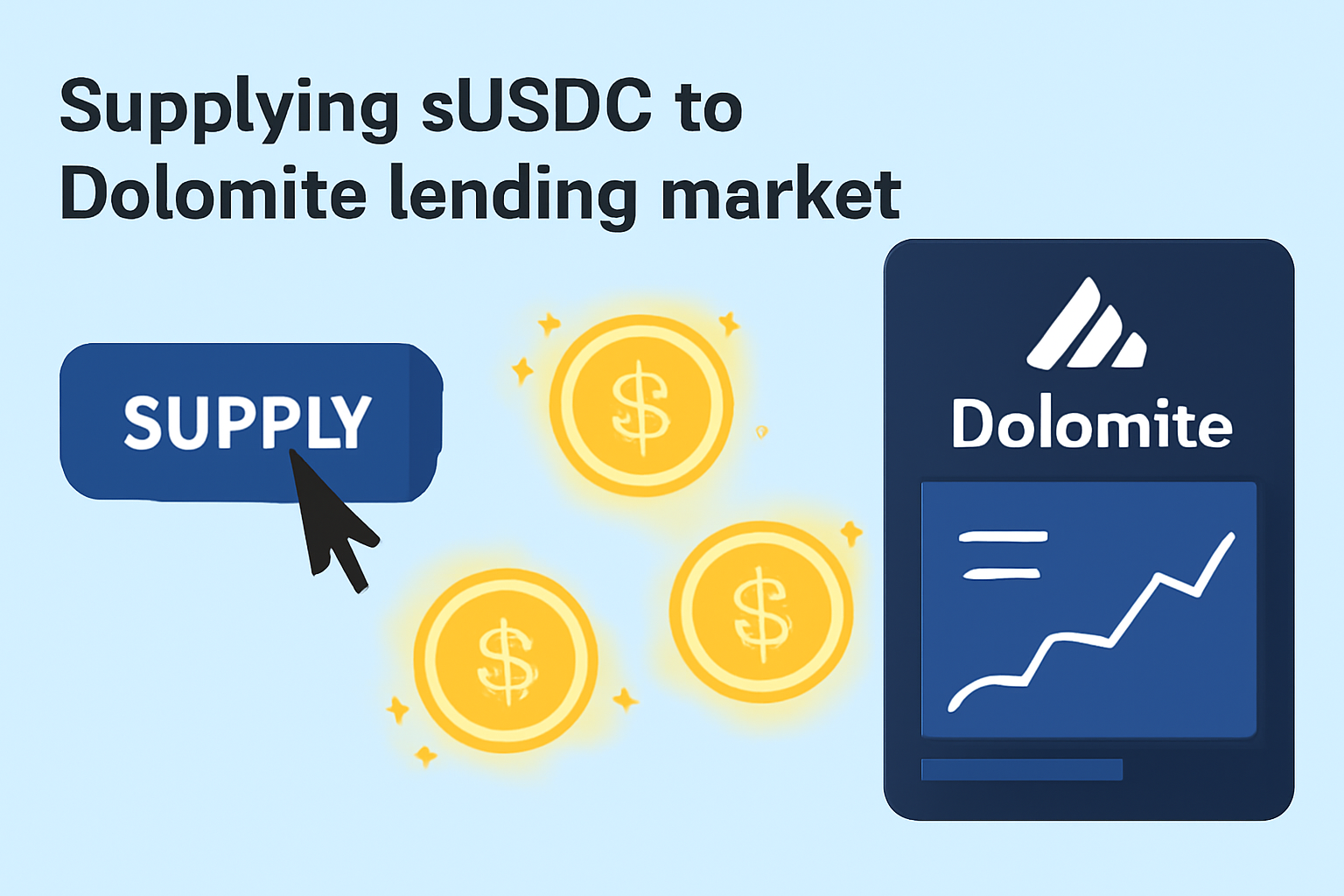 supplying sUSDC tokens into Dolomite lending market, glowing stablecoin icons, DeFi charts