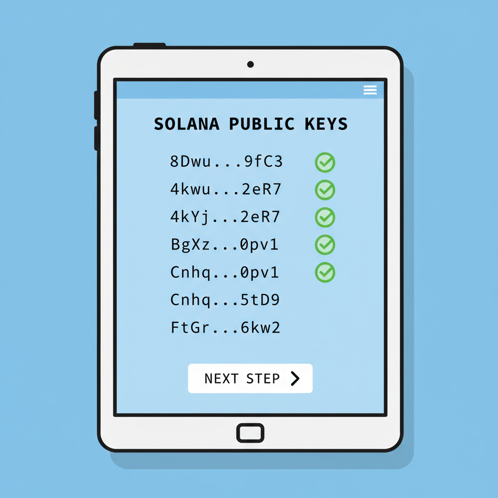 list of Solana public keys on a digital ledger screen