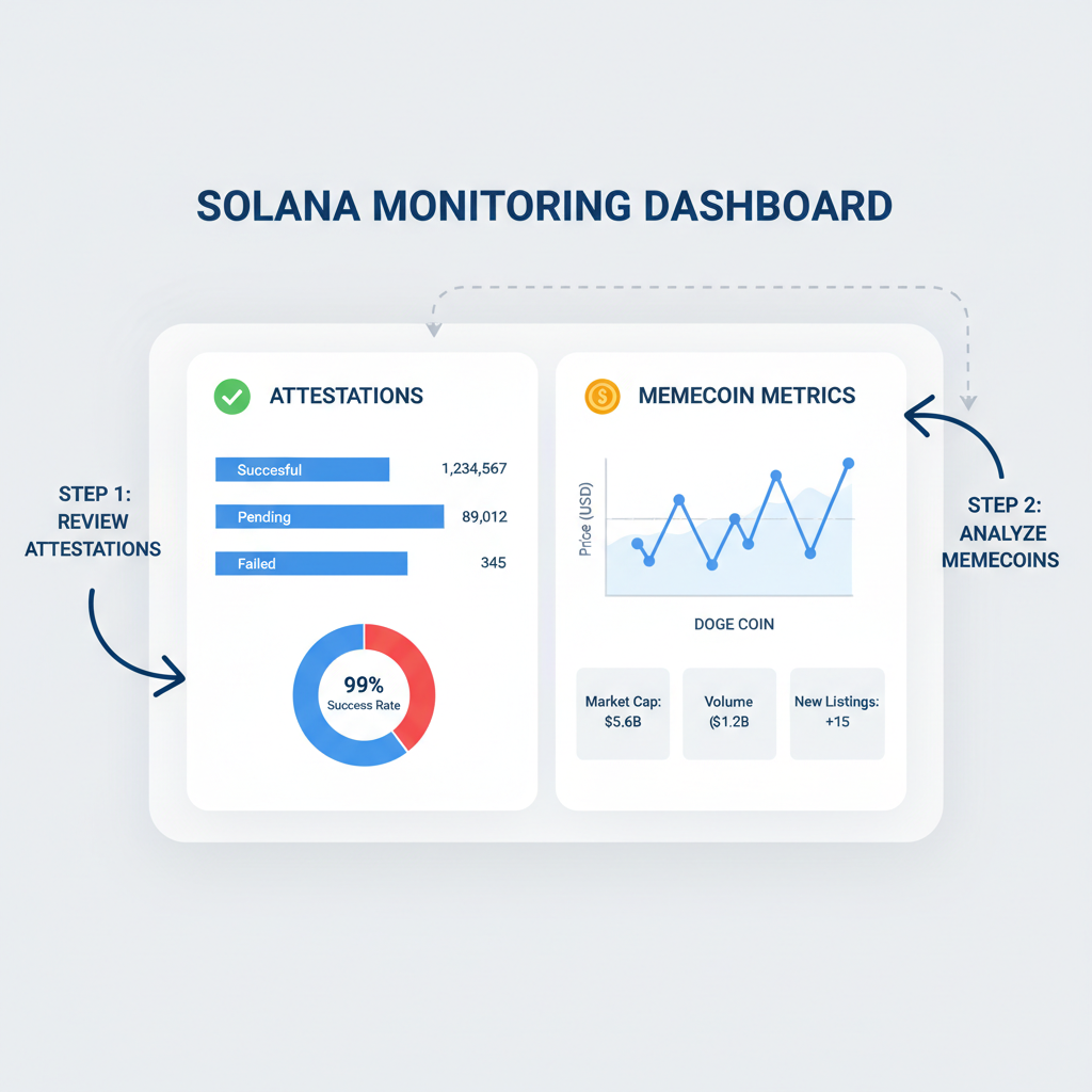 Solana dashboard monitoring attestations and memecoin metrics