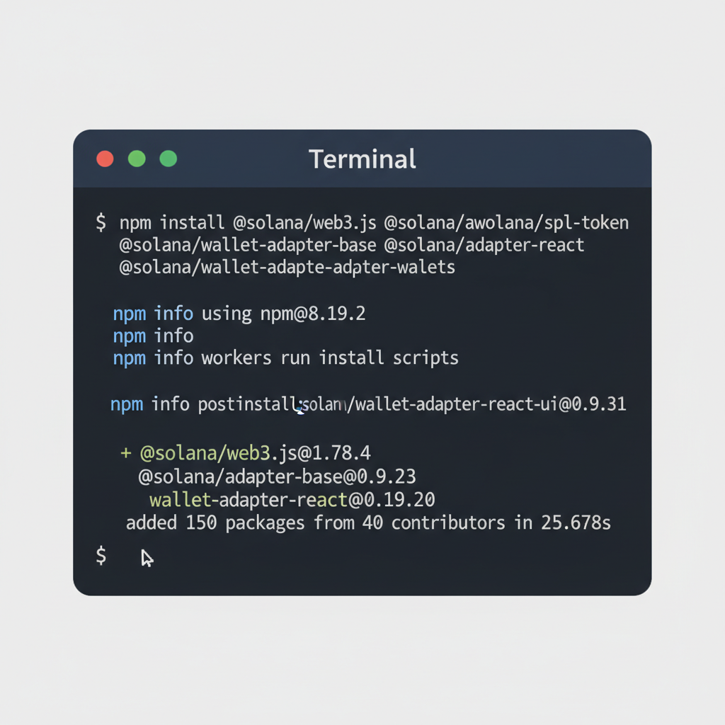 terminal window running npm install for Solana SDKs