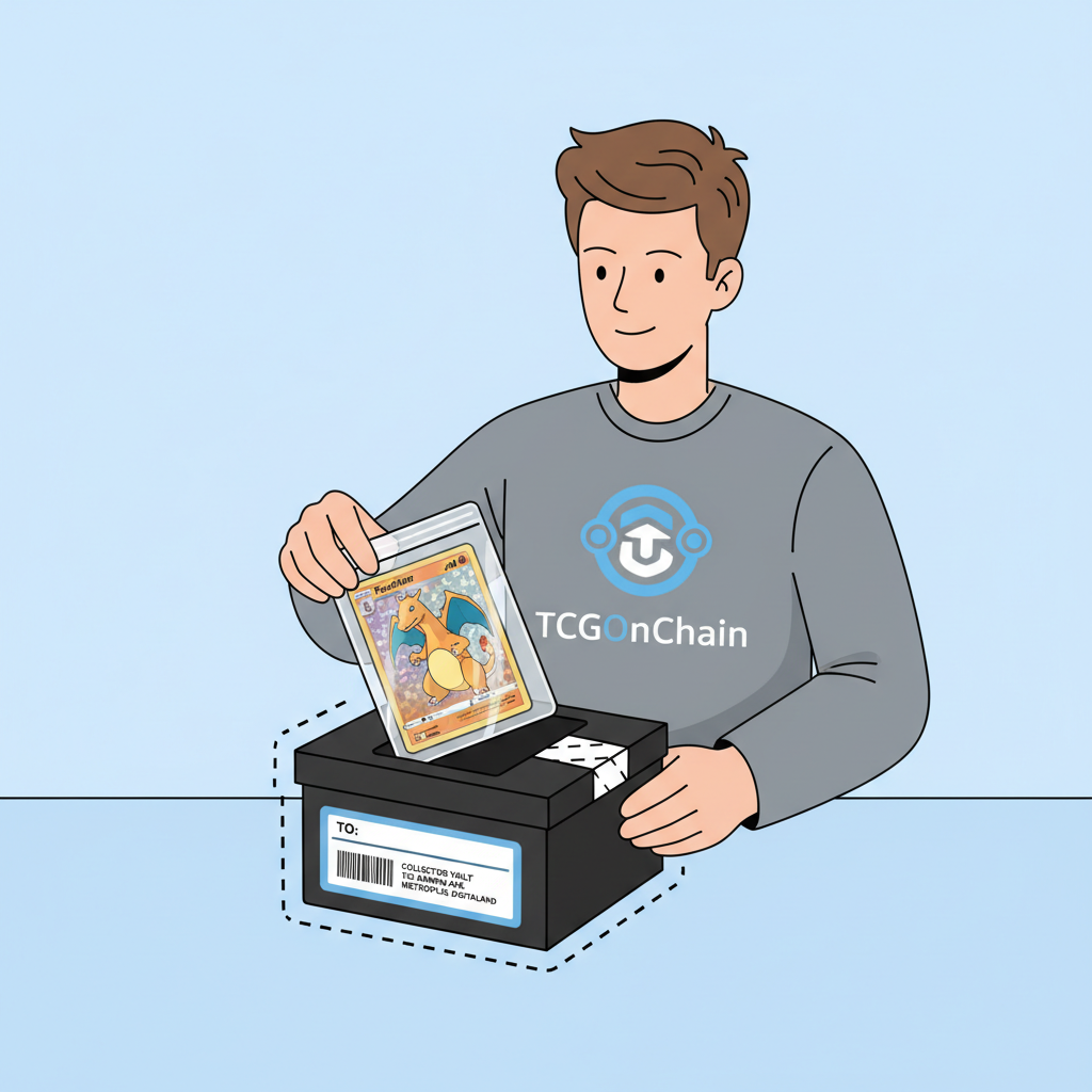 Person packaging rare Pokemon card in secure box with TCGOnChain logo and shipping label