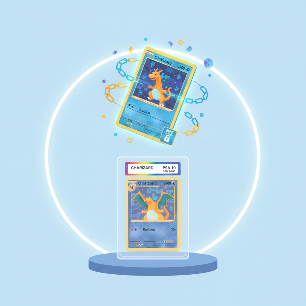 Blockchain minting animation of glowing Pokemon card NFT emerging from physical PSA 10 card