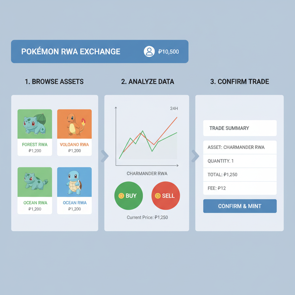 Digital marketplace interface showing trading tokenized Pokemon RWAs with price charts