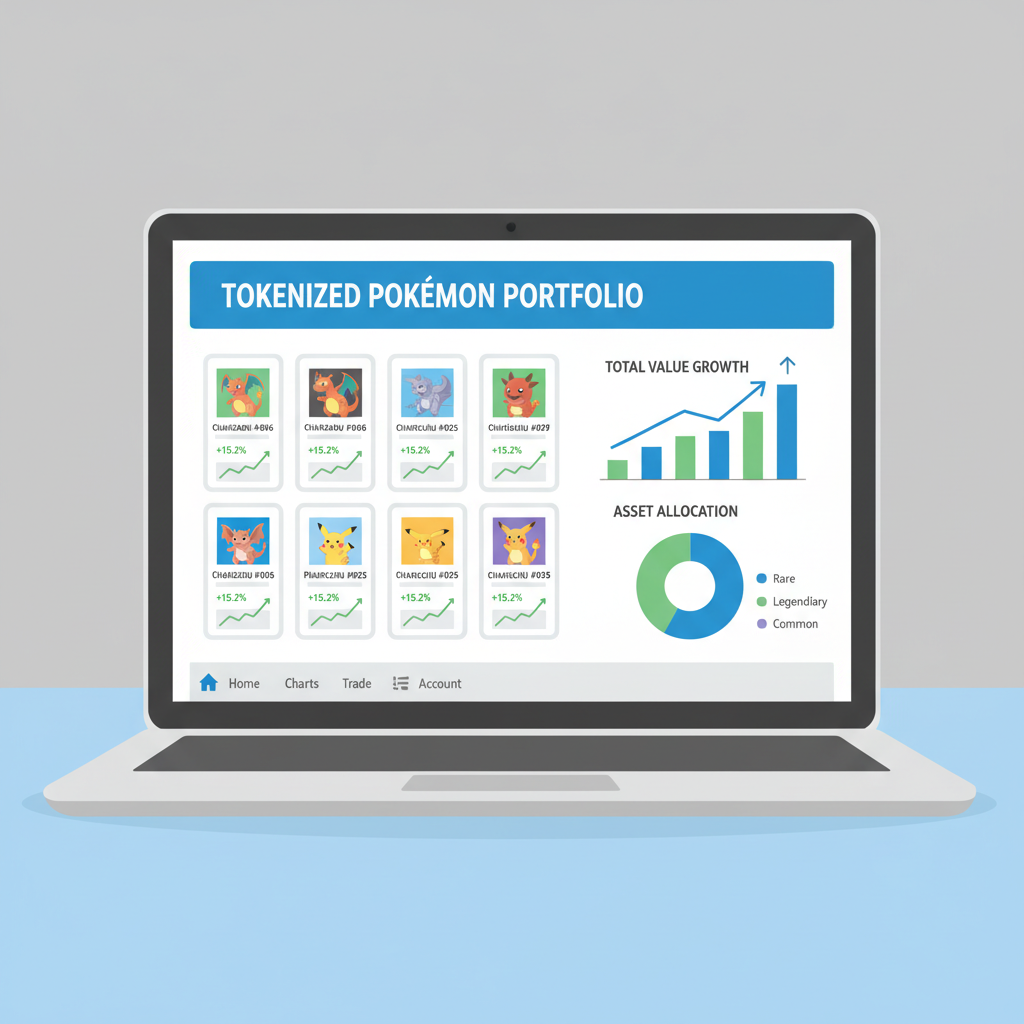 Investor dashboard on laptop displaying portfolio of tokenized Pokemon cards with growth charts