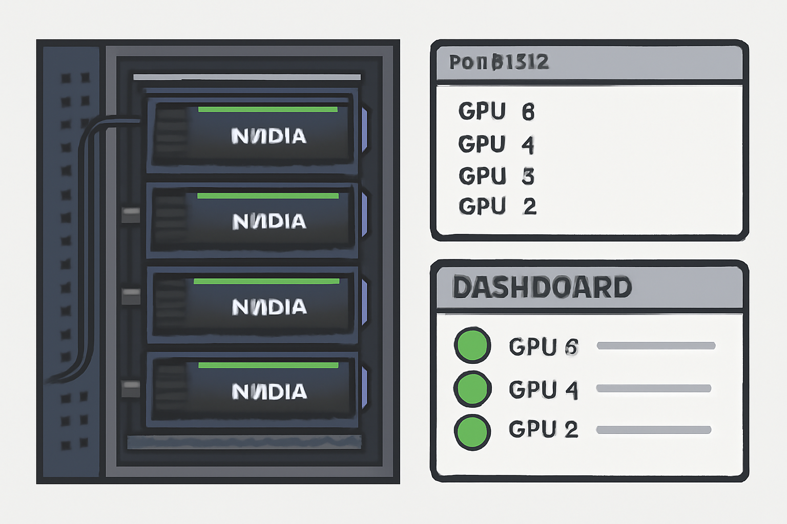 NVIDIA GPUs connected in server rack, config file open showing GPU list, dashboard with green status lights