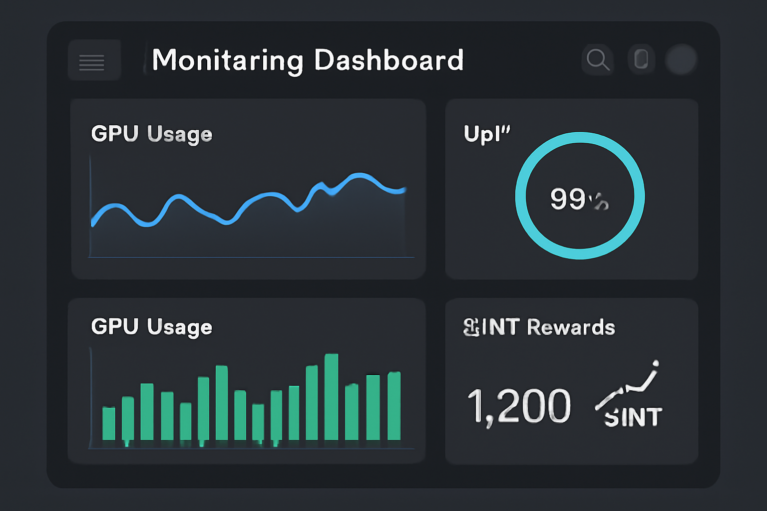 monitoring dashboard with GPU usage charts, uptime 99%, $INT rewards accumulating, dark mode professional UI