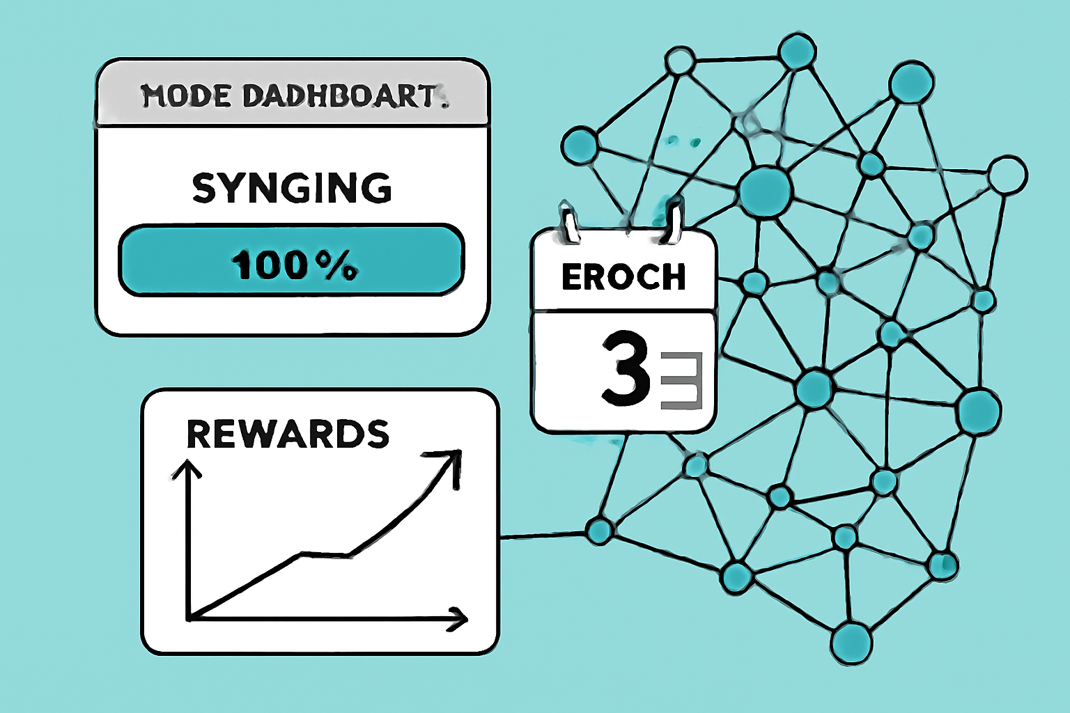 node dashboard syncing progress bar at 100%, Epoch 3 timeline calendar, rewards graph rising, futuristic AI network viz
