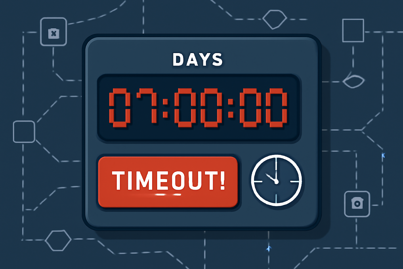 digital timer counting down 7 days on blockchain interface, red alert for timeout, precise clock