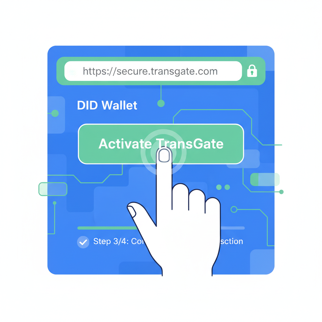 user activating TransGate button on secure HTTPS site in futuristic DID wallet interface