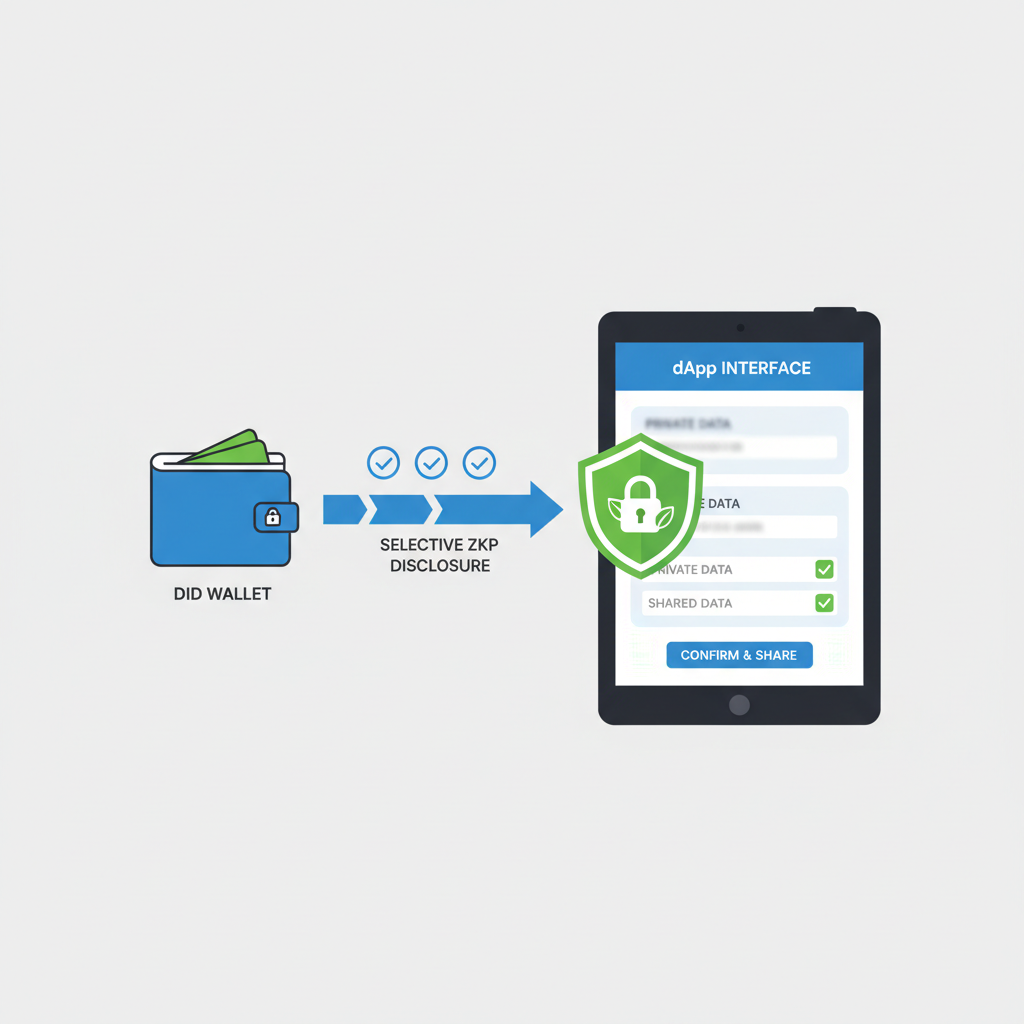 DID wallet sharing selective ZKP disclosure to dApp interface, privacy shield icon