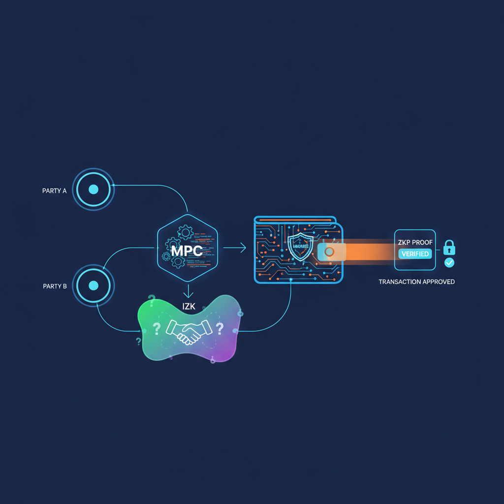 abstract visualization of MPC and IZK generating ZKP proof in digital wallet, glowing circuits
