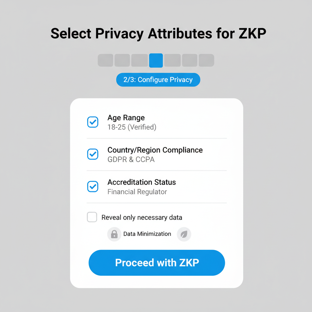 wallet interface with checkboxes selecting privacy attributes like age and compliance for ZKP