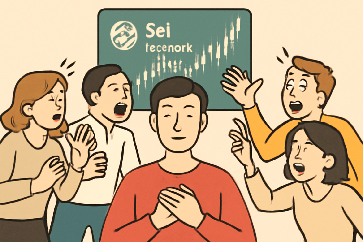 calm trader ignoring frantic FOMO crowd, stable Sei Network charts in background