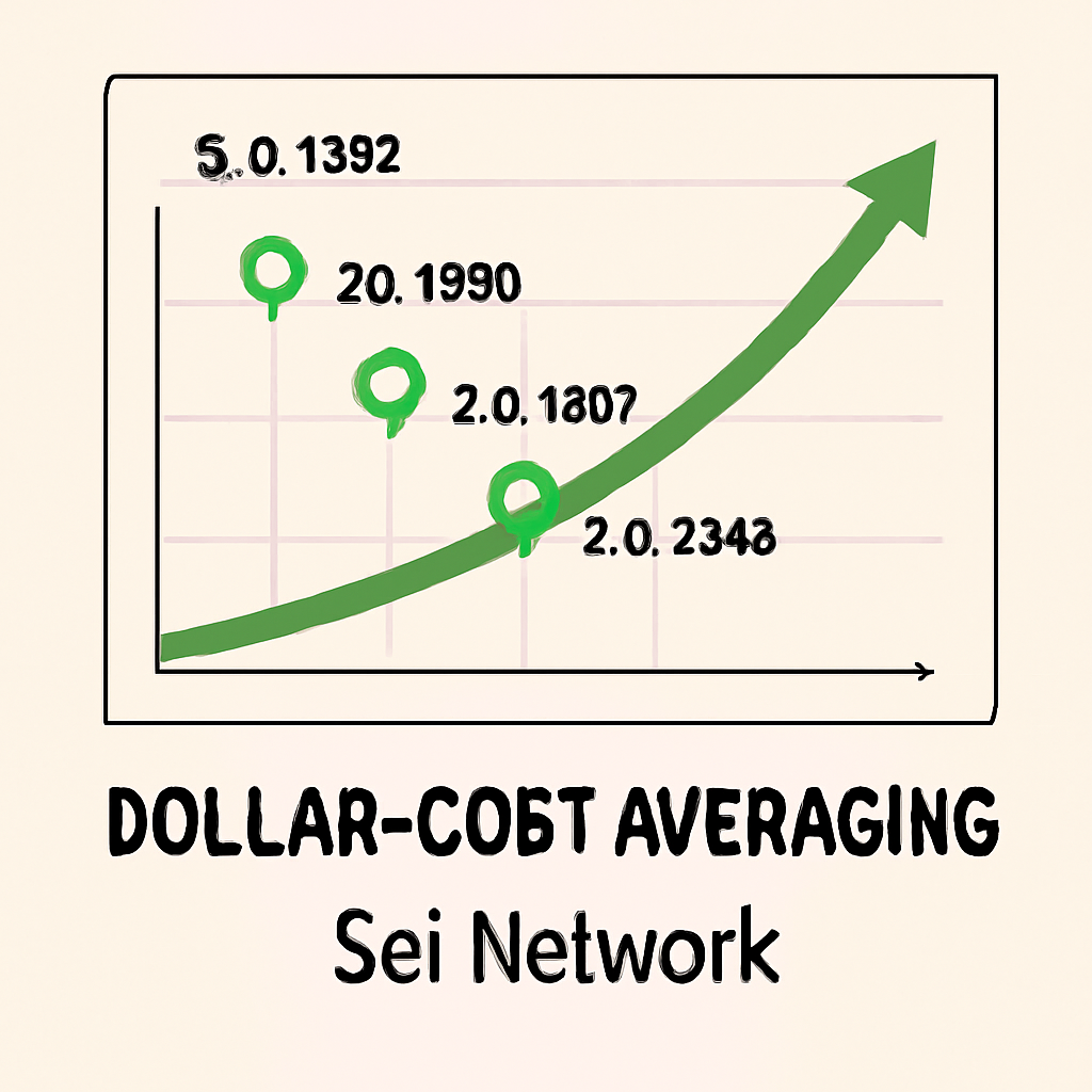 dollar-cost averaging chart showing buys at $0.1349 to $0.1393 on Sei Network graph, green upward trend