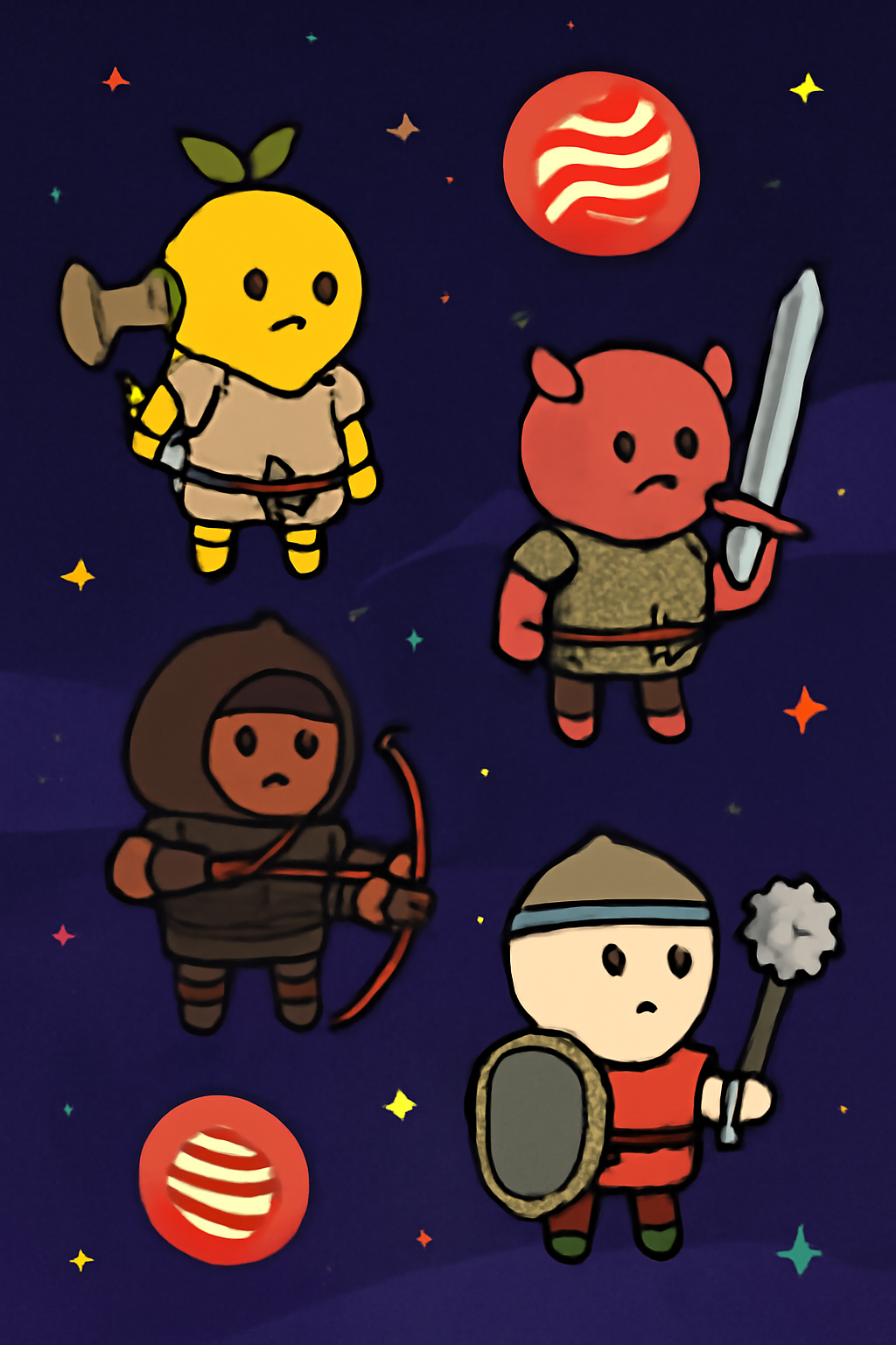 diverse OSP TD NFTs with unique traits like weapons and armor, floating in cosmic Sei Network space