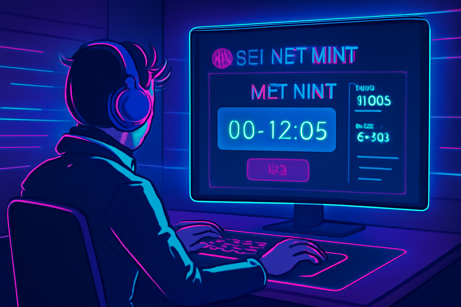 cyberpunk gamer monitoring NFT mint countdown dashboard on Sei Network, neon lights, futuristic UI