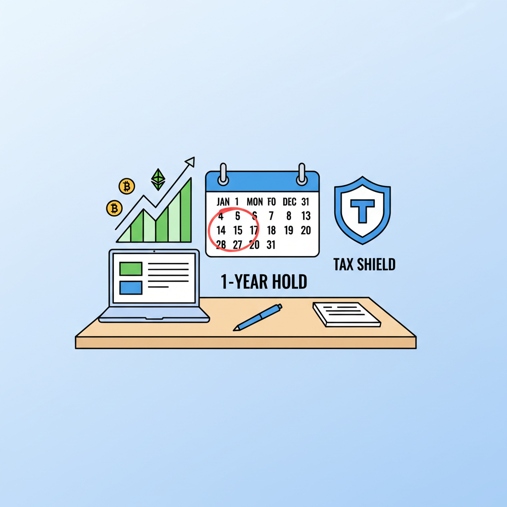 calendar showing 1-year hold period, upward trending crypto chart, tax shield icon, strategic planning desk