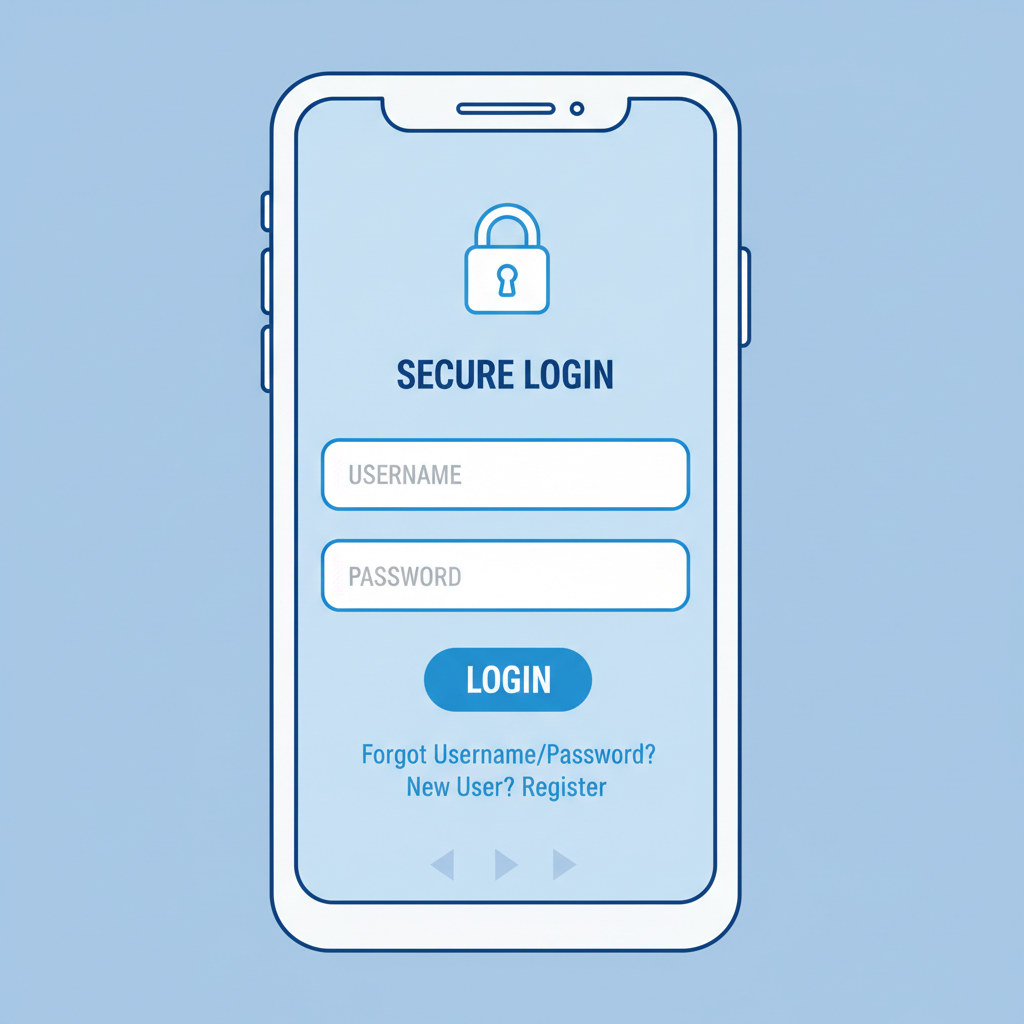 clean mobile banking app login screen on smartphone, modern UI, secure padlock icon, blue tones