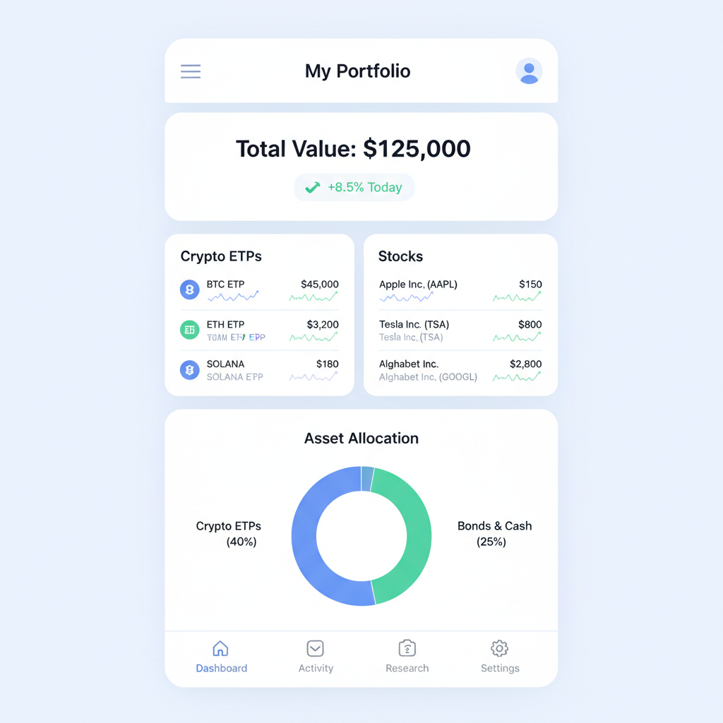 investment portfolio dashboard on app, crypto ETPs next to stocks, price charts, balanced layout