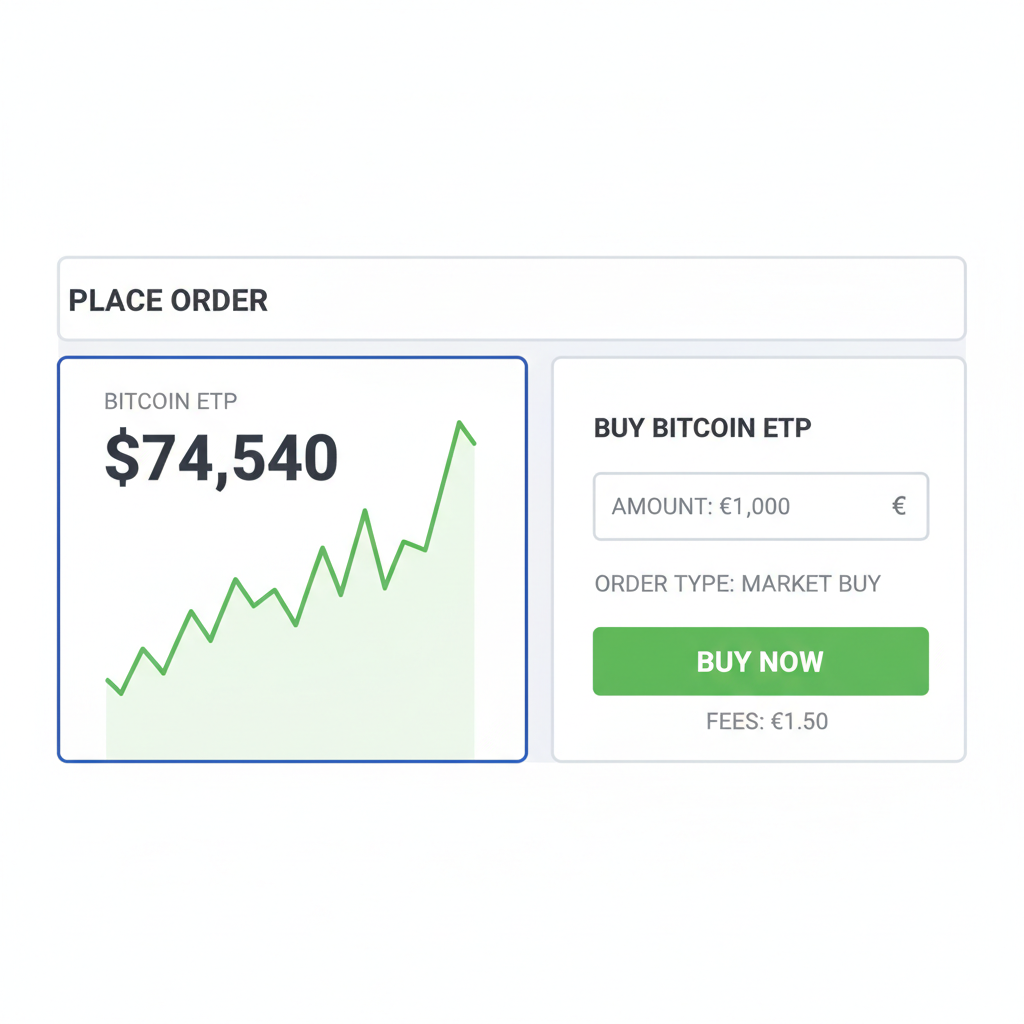 trading order screen with €1000 Bitcoin ETP buy order, charts showing $74540 price, green buy button