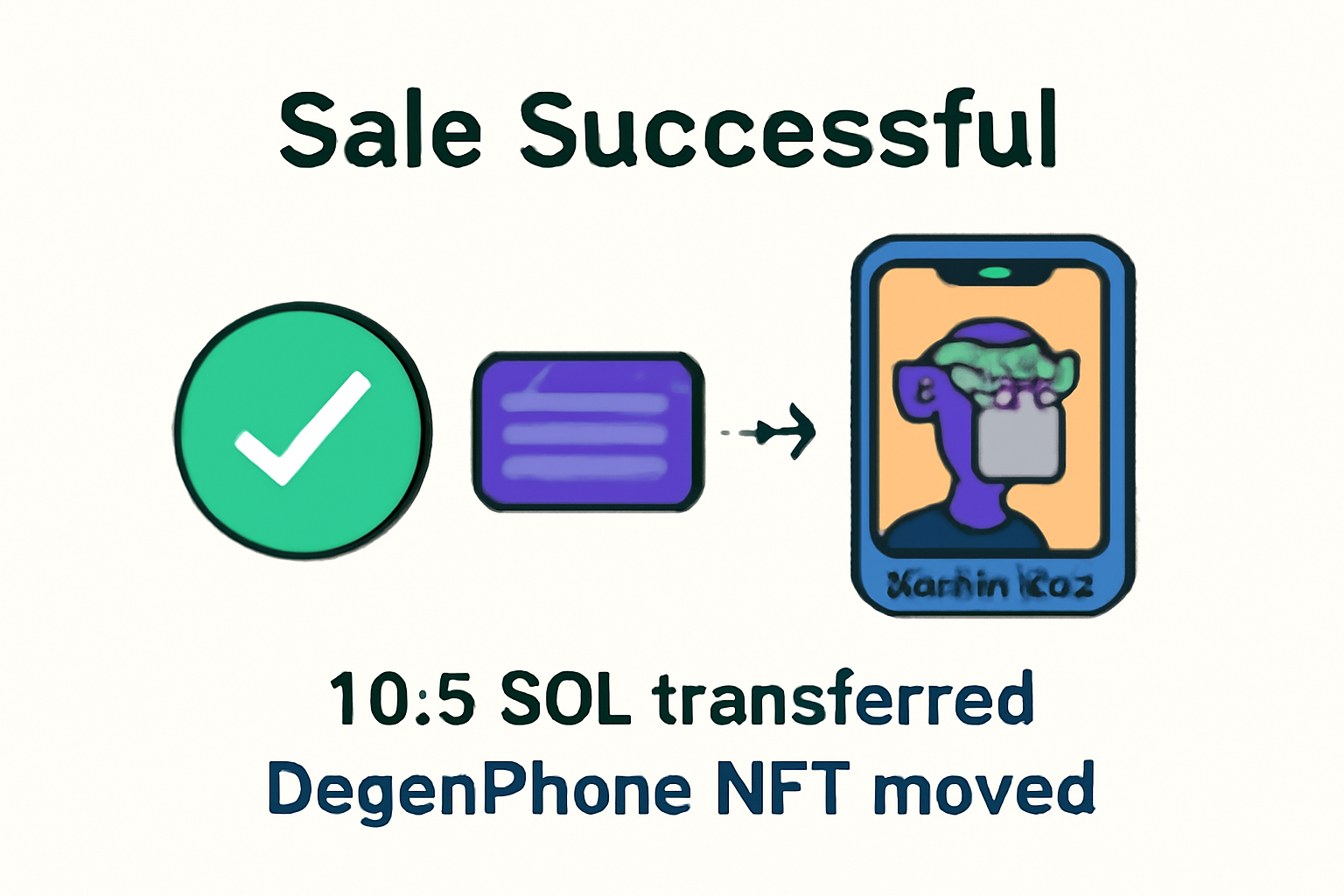 A digital confirmation screen showing a successful NFT sale, with SOL tokens being transferred and the DegenPhone NFT moving to a new owner.