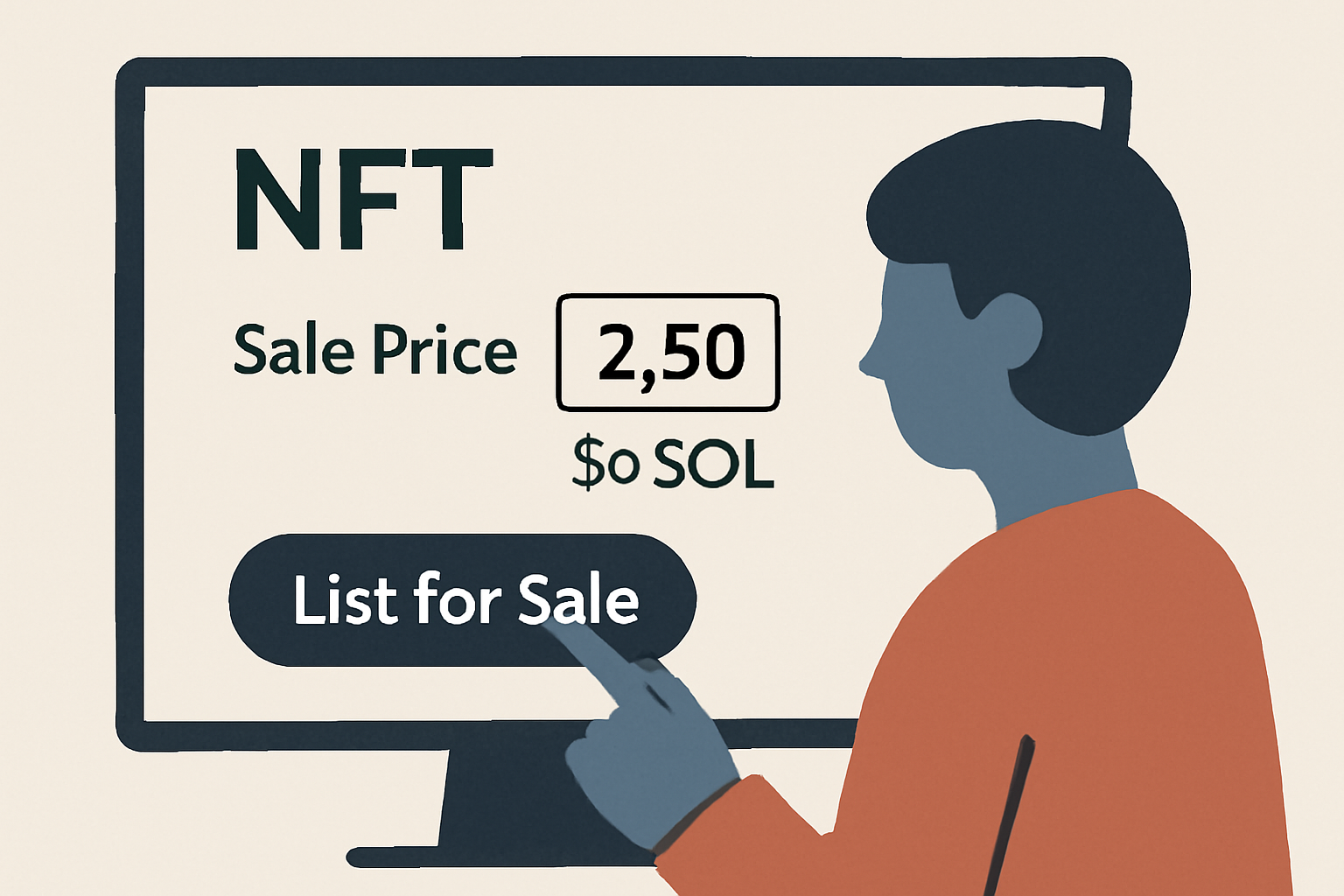 A user inputting a sale price for an NFT on a marketplace interface, with SOL price ($134.60) displayed on the screen.