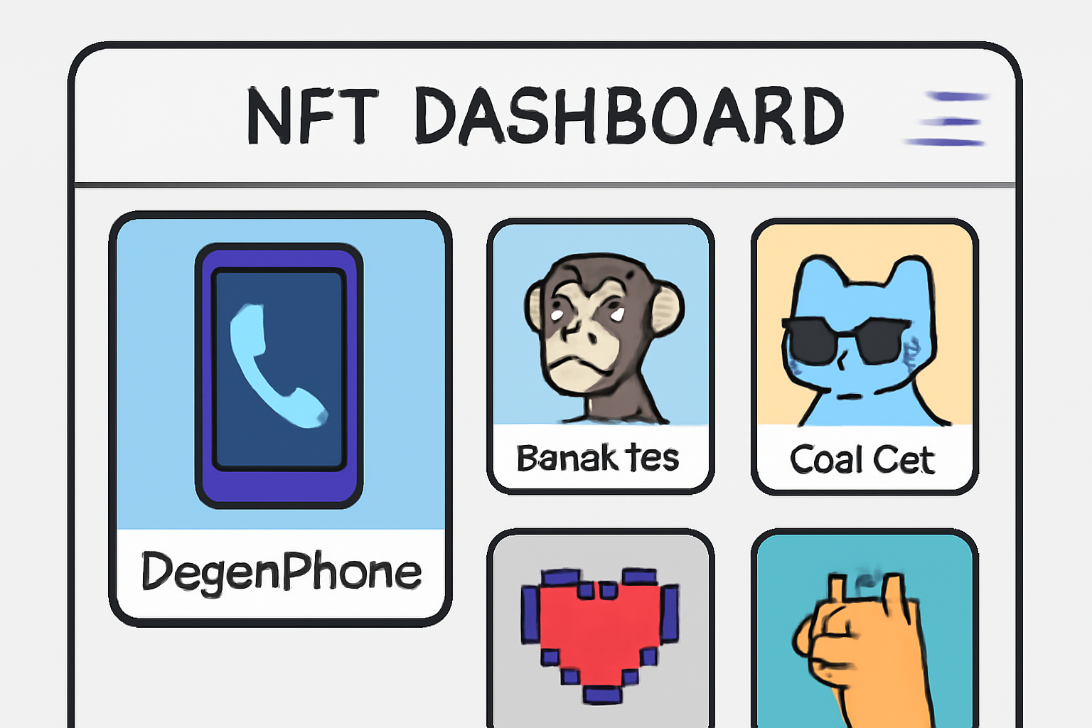 A digital dashboard showing a collection of NFTs, highlighting a DegenPhone NFT with a phone number icon.