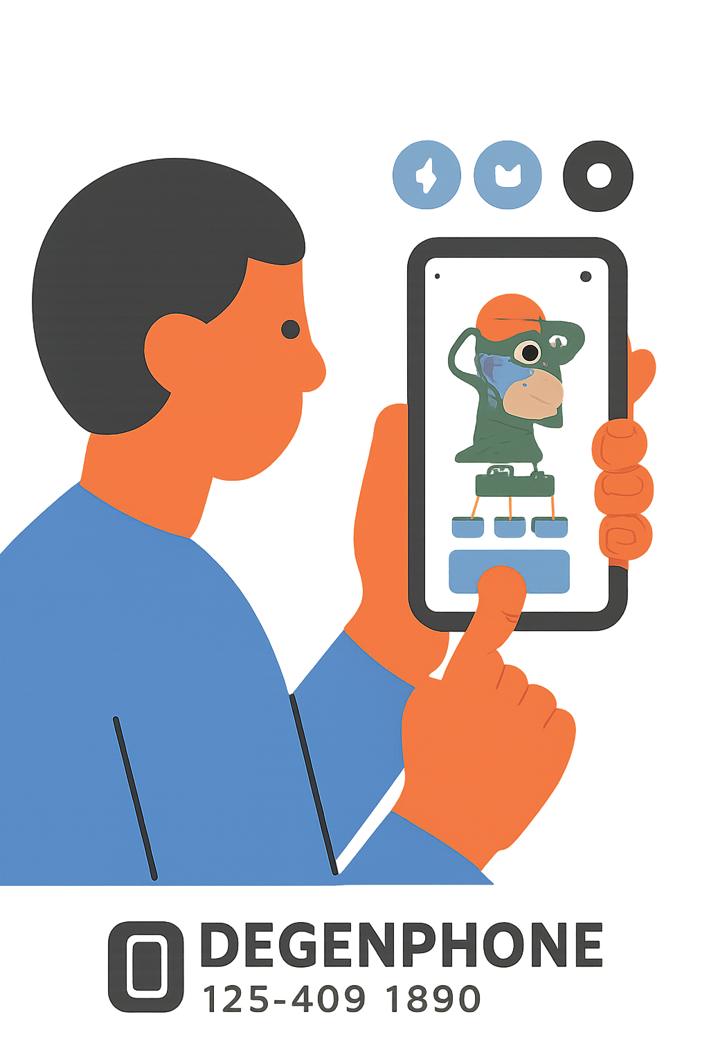 A person sharing an NFT listing on social media platforms from their phone, with the DegenPhone logo and phone number visible.