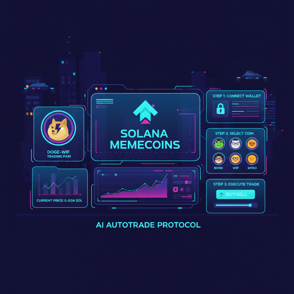 futuristic AI trading dashboard for Solana memecoins, neon blue interface, holographic screens, cyberpunk style