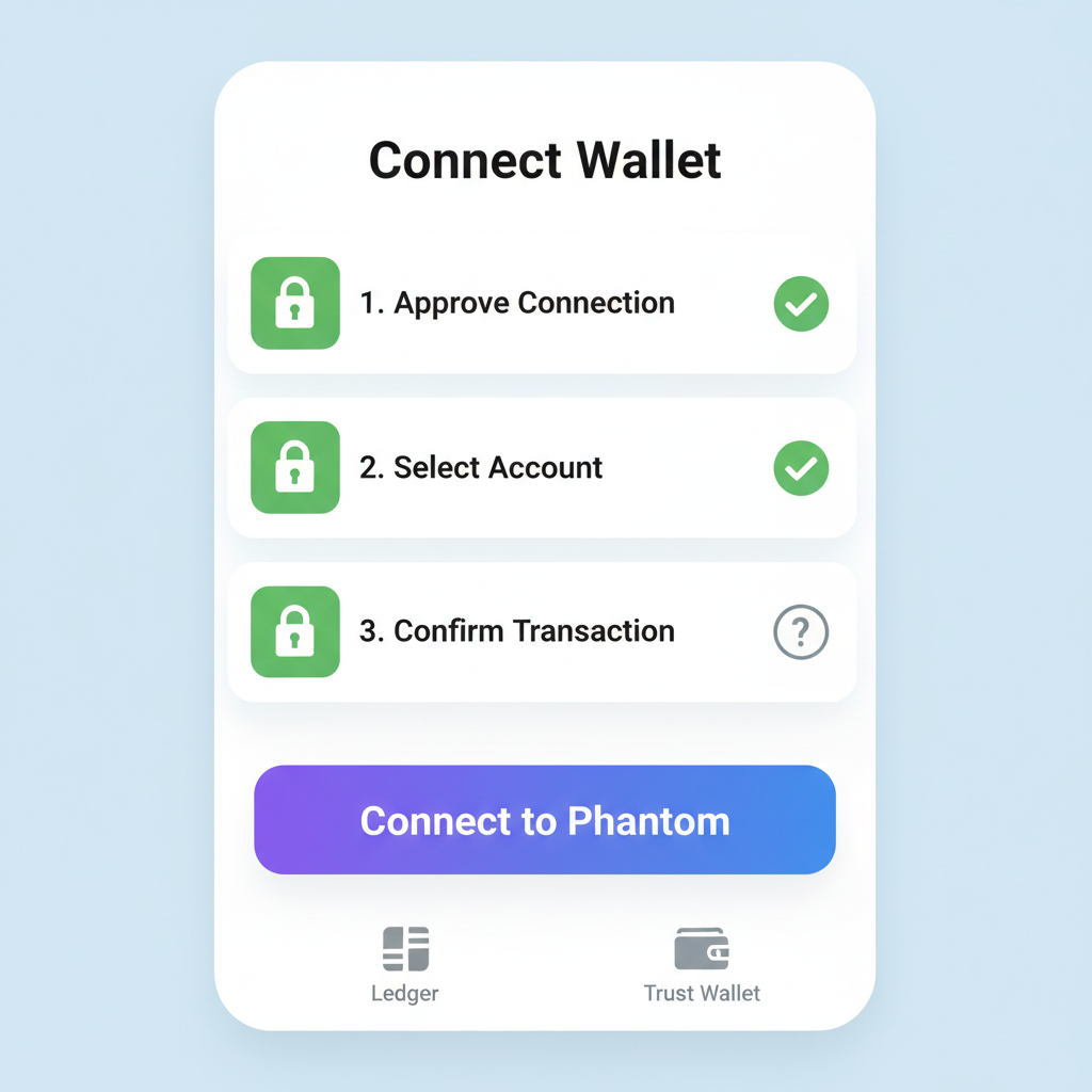 Solana wallet connection screen, Phantom app interface, secure lock icons, green checkmarks, modern UI
