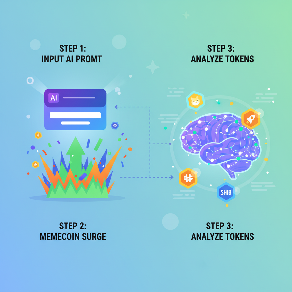 AI prompt input box glowing, memecoin charts exploding, neural network brain analyzing tokens, vibrant colors