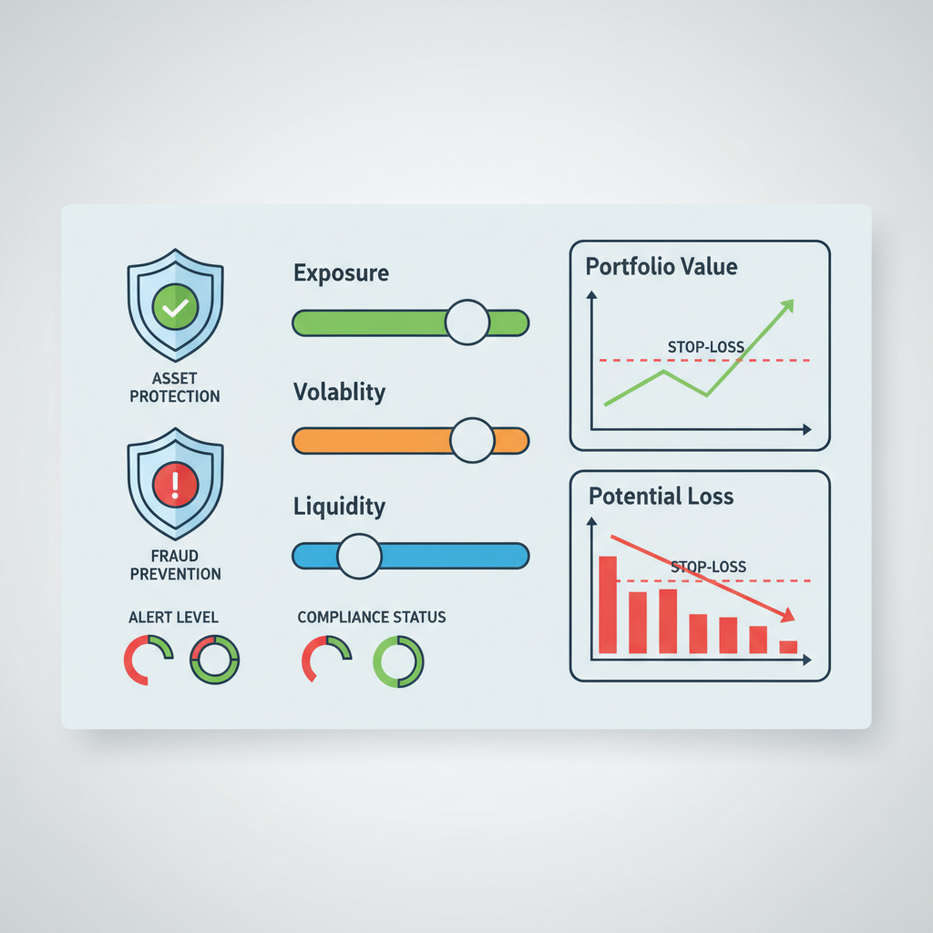 Risk management dashboard sliders, charts with stop-loss lines, shields for protection, red-green indicators