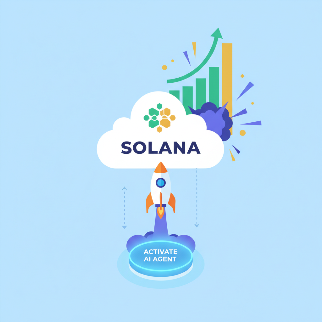 AI agent activation button, launching rocket into Solana blockchain, success metrics rising, explosive graphics