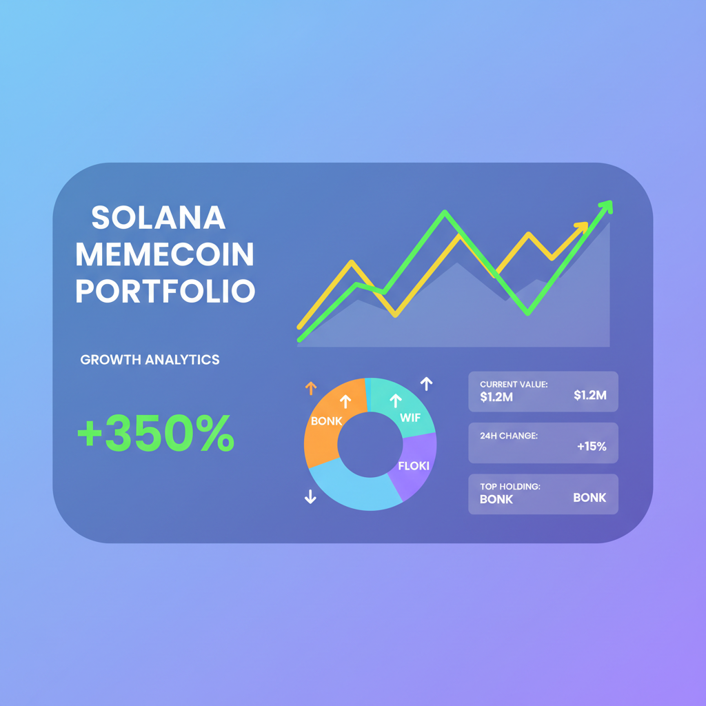 performance analytics dashboard, upward trending graphs, Solana memecoin portfolio growth, data visualizations