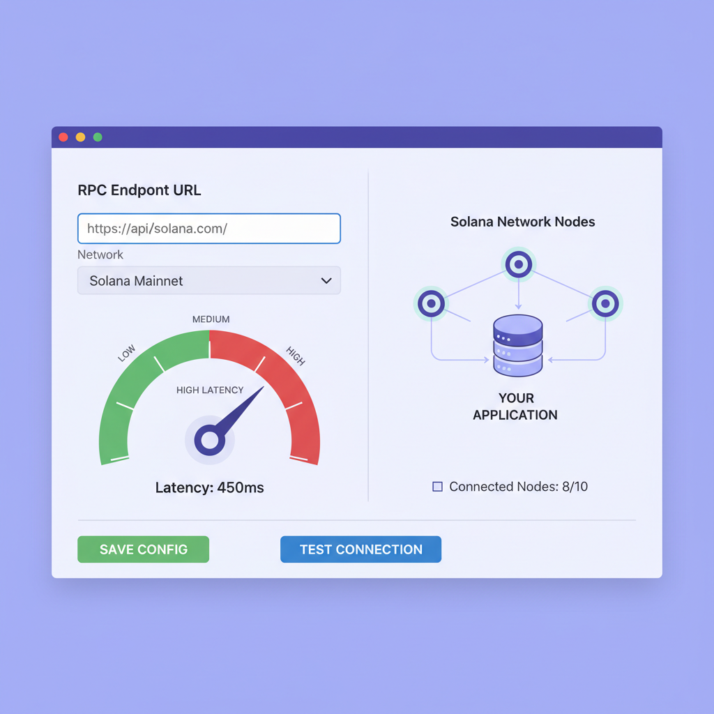 RPC endpoint configuration panel, speedometer showing high latency, Solana network nodes, tech diagram