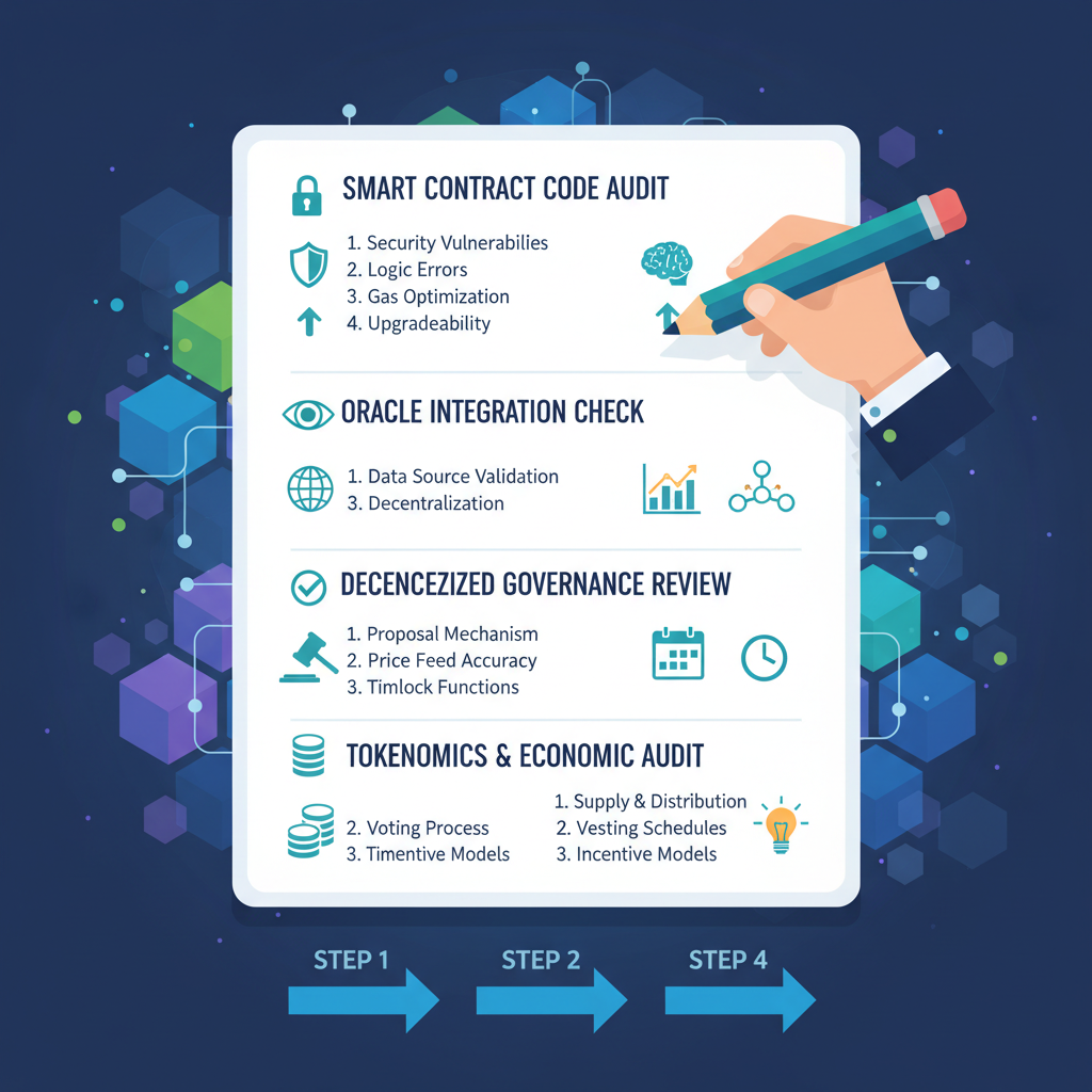 professional audit checklist on ethereum blockchain background, infographic style