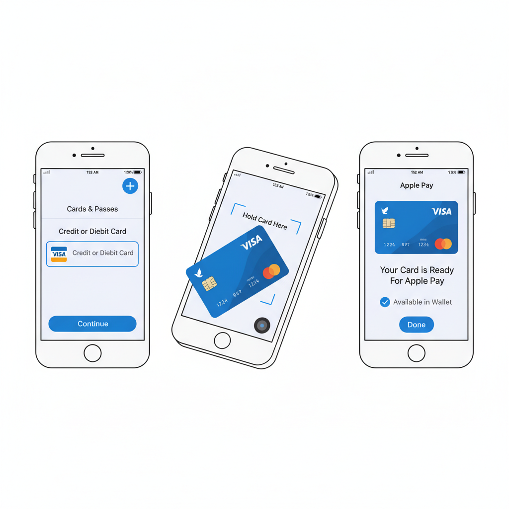 iPhone screen adding Visa card to Apple Wallet, scanning card, Apple Pay interface, realistic device render