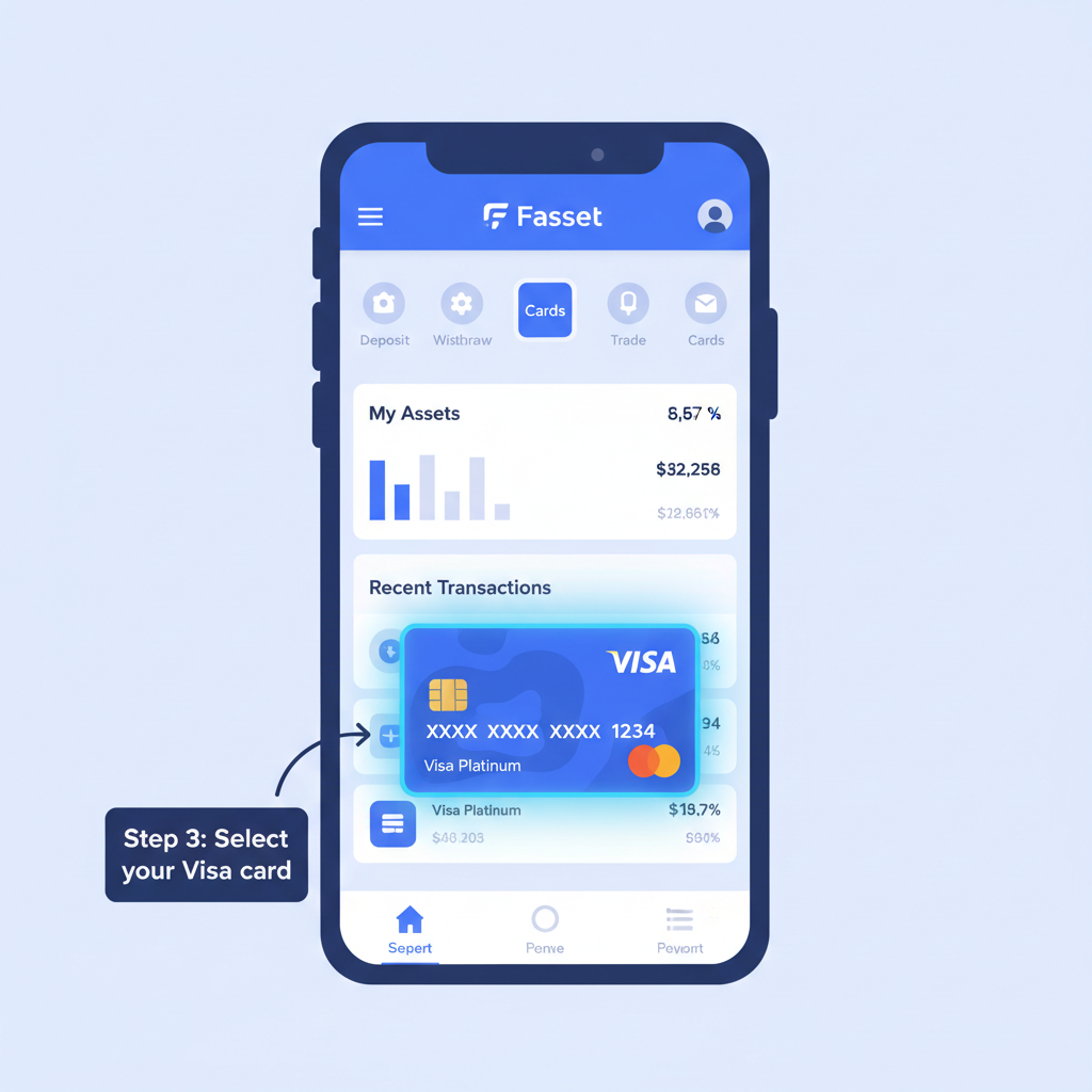 mobile phone screen showing Fasset app dashboard with Visa card highlighted, clean modern UI, blue tones