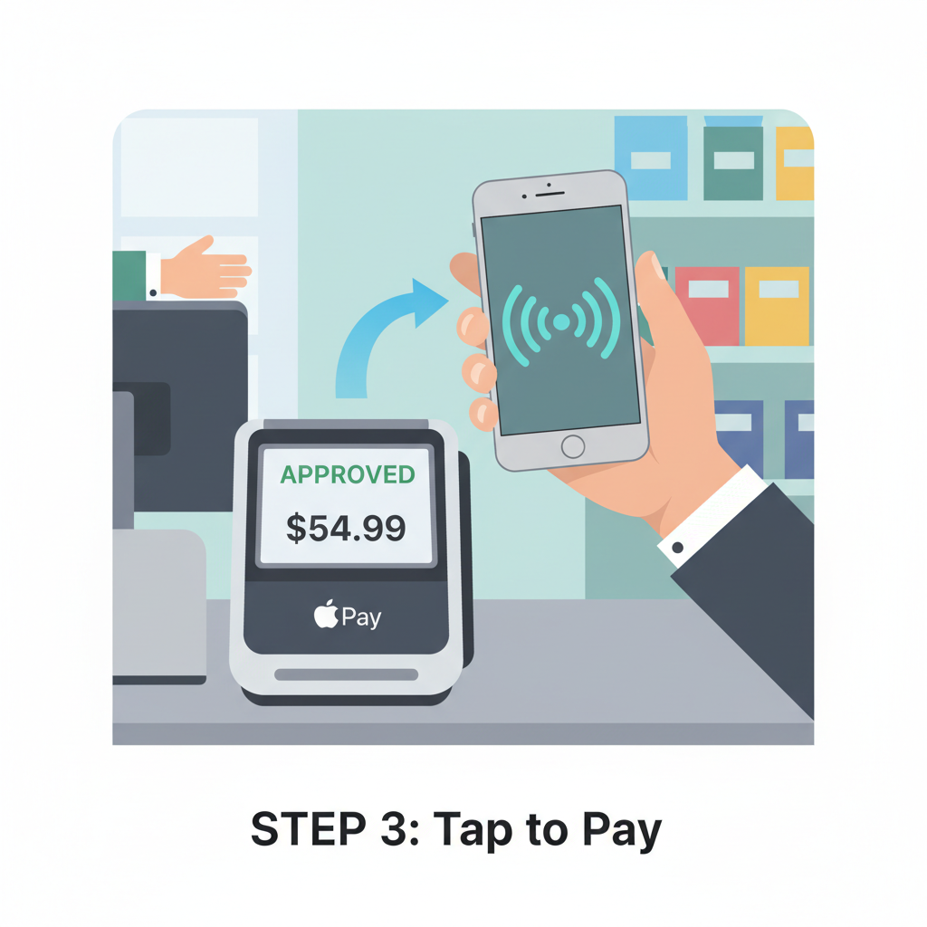 person using iPhone Apple Pay at store checkout terminal, contactless payment animation, retail environment
